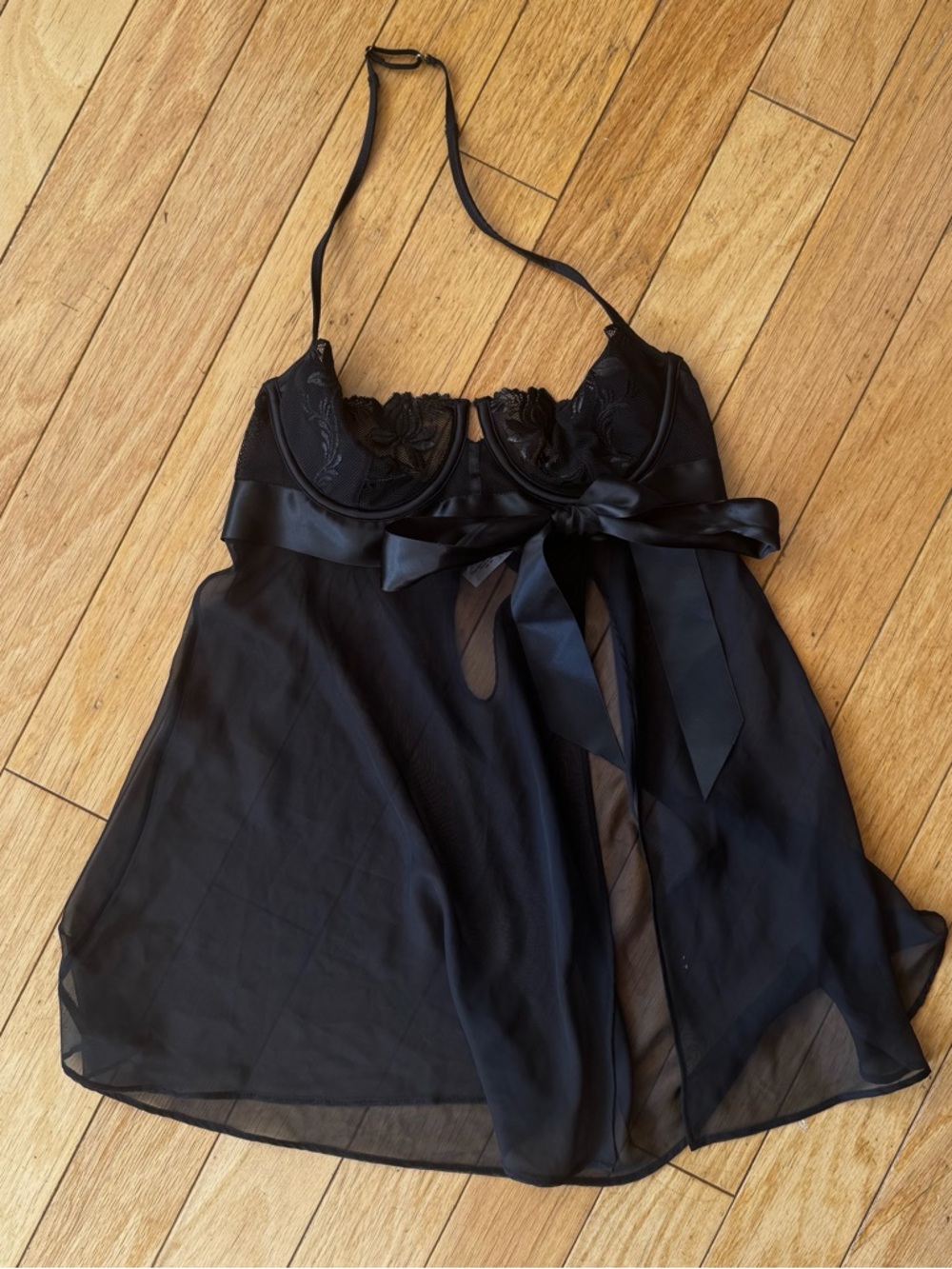 Victoria’s Secret Very Sexy Black Sheer Halter Babydoll Lace Mesh Bow Y2K